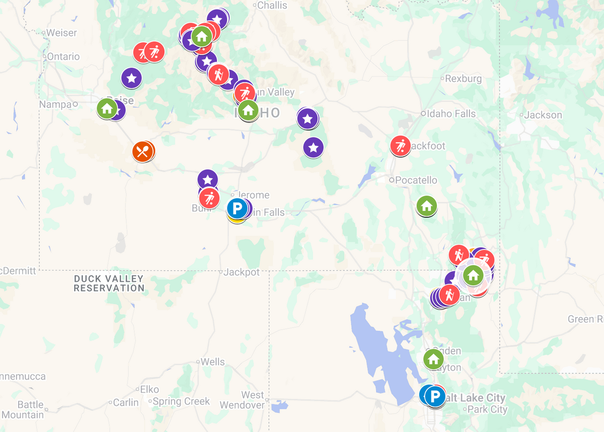 Map of the 7-day Idaho road-trip route, every stop marked from Salt Lake City to Craters of the Moon.
