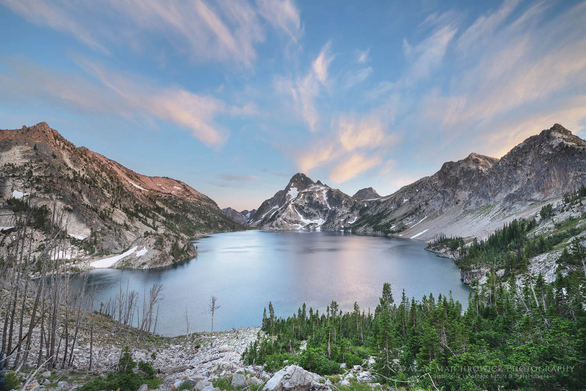 Sawtooth Lake under a clear sky — the payoff at the end of the ten-mile hike.